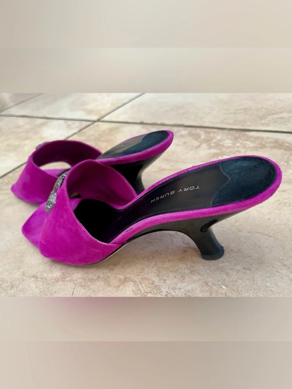 Tory Burch Fuchsia Suede Slide Sandals with Crystal logo - Picture 3 of 4